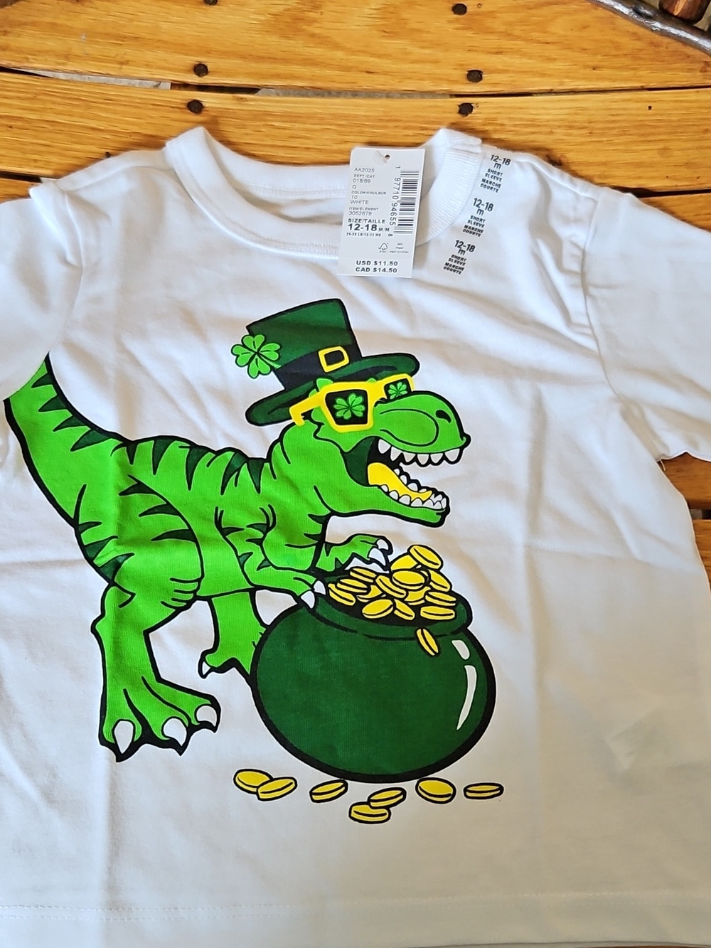 The Children's Place White Tee with Green Lucky Dinosaur Graphic
